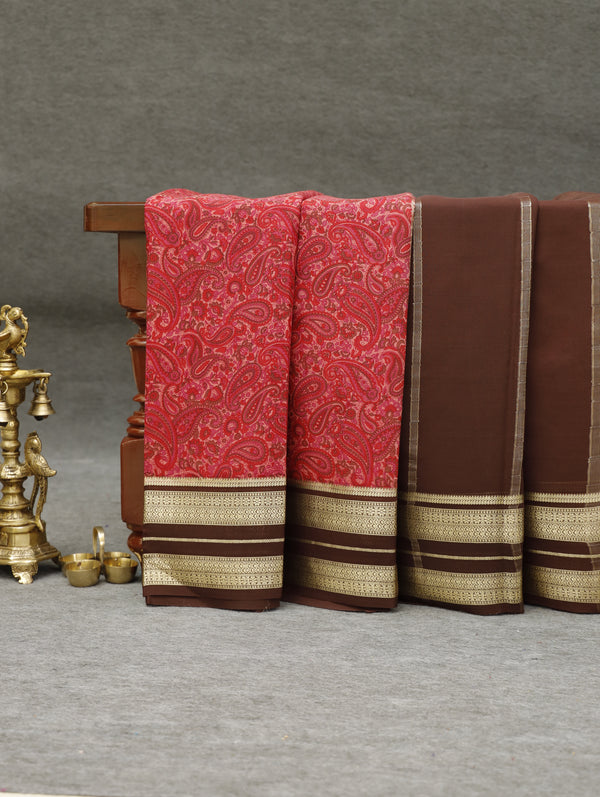 Kalamkari Mysore silk - Pinkish red with coffee brown