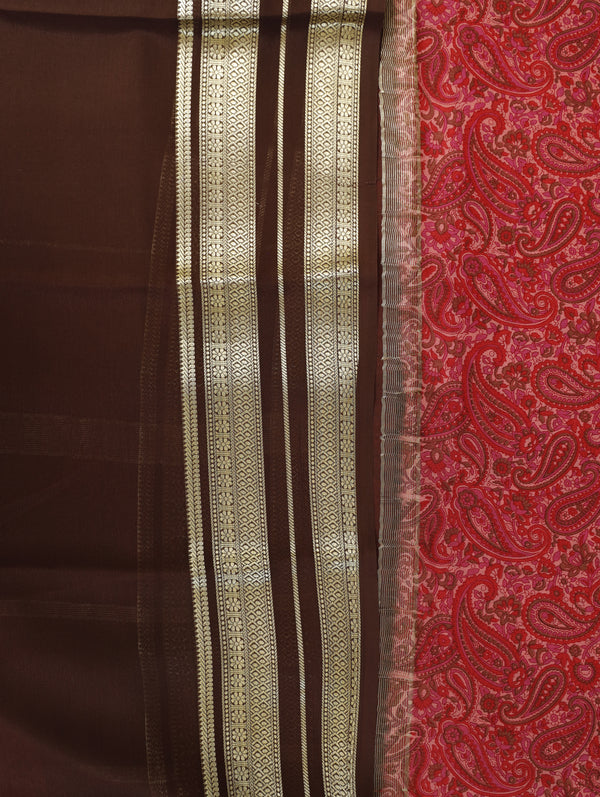 Kalamkari Mysore silk - Pinkish red with coffee brown