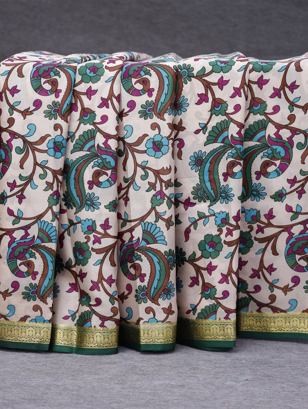 Kalamkari Mysore silk - Ivory cream with green