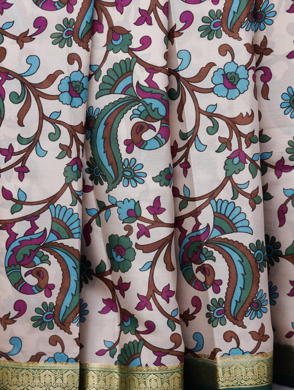 Kalamkari Mysore silk - Ivory cream with green