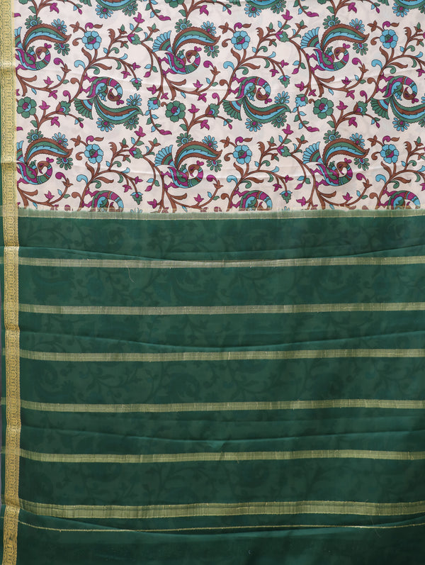 Kalamkari Mysore silk - Ivory cream with green