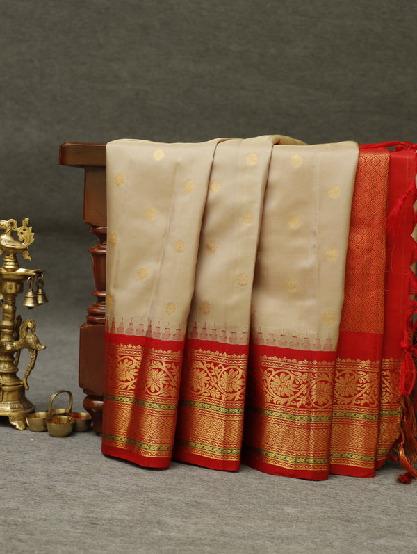 Kanjeevaram silk saree - Beige with red