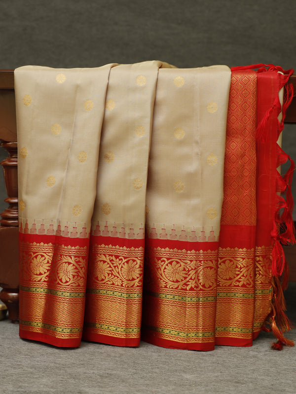 Kanjeevaram silk saree - Beige with red