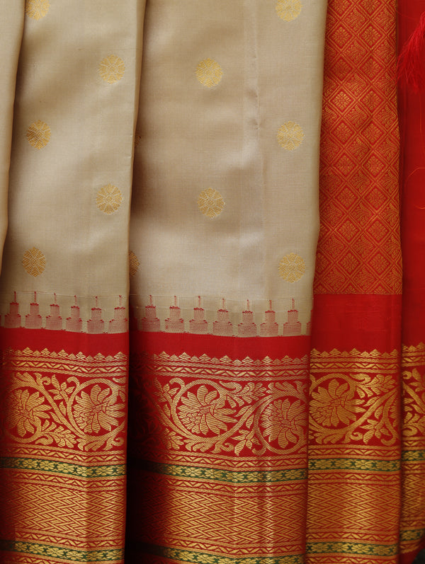 Kanjeevaram silk saree - Beige with red