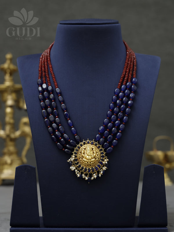 Kundan Victorian Beads Necklace -Ganesha with blue and red breads