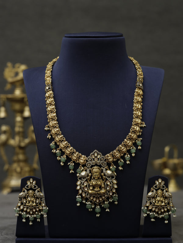Antique lakshmi long necklace with victorian detailing and green beads