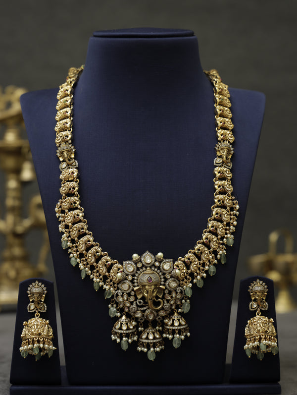 Antique Ganapathi long necklace with victorian detailing and green beads
